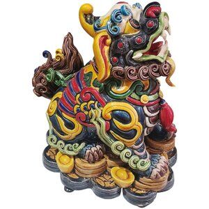 Colourful Ceramic Foo Dog Statue – Feng Shui Guardian Lion –Stamped Decor